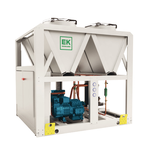 White propane chiller with blue reciprocating compressors for service maintenance and repair