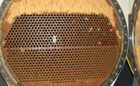Far end plate removed to show the tubes in the shell of a condenser