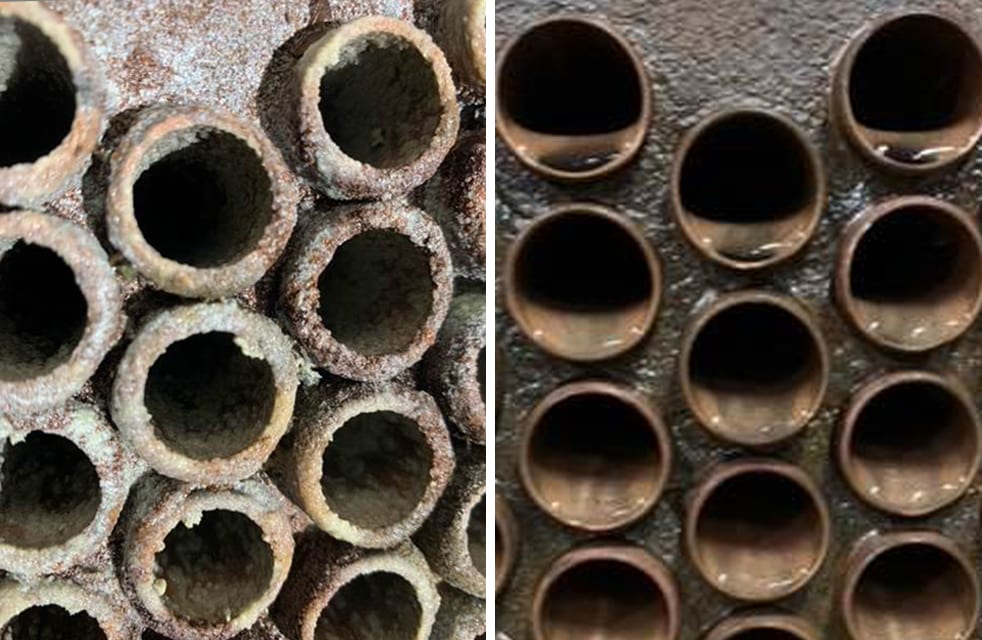 Dirty tubes on the left and clean tubes on the right after chiller condenser tube cleaning