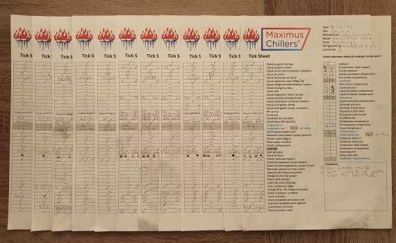 Chiller maintenance service Tick Sheets showing readings