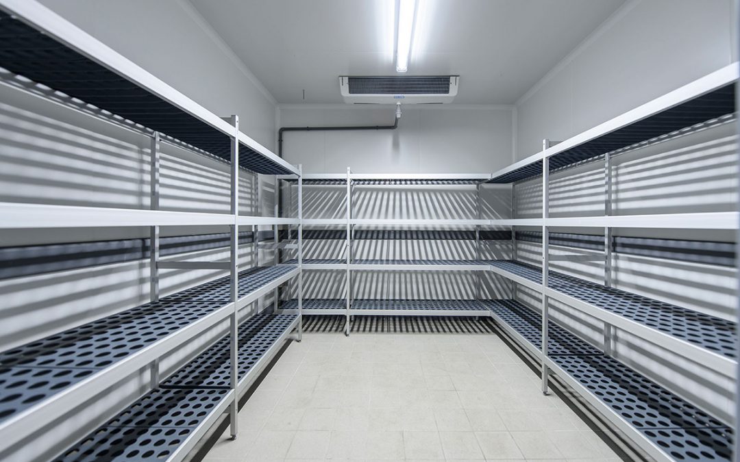 A refrigeration coldroom instsallation in Manchester showing the shelving and the evaporator